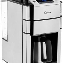 Capresso Team Pro Plus Coffee Maker with 10-cup thermal carafe, conical burr grinder, detachable bean container, GoldTone filter, and charcoal filters – all in sleek silver.
