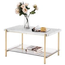 Champagne Gold White Faux Marble Table Top with Glass Bottom, Distinctive Cylindrical Legs Mixed Rectangular Espresso Table Design for Dwelling Room, 2-Tier Storage Sturdy Metallic Body, 36" Ethereal.