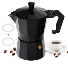 6-Cup Stovetop Aluminium Coffee Pot - Moka Pot for Classic Italian Coffee at Home and Camping - Includes 2 Rubber Rings - Cafetera in Black