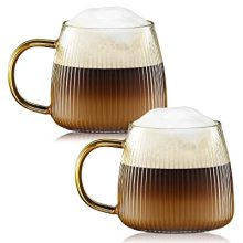 Glass Coffee Mugs Set of two Borosilicate Glasses 12.5 Oz. Cups in Vertical Stripes Sample with Coloured Deal with (Amber).