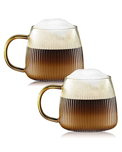 Glass Coffee Mugs Set of two Borosilicate Glasses 12.5 Oz. Cups in Vertical Stripes Sample with Coloured Deal with (Amber).