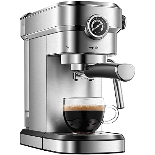 Professional 15 Bar Espresso Machine with Milk Frother Wand and Pressure Gauge - Brushed Stainless Steel.