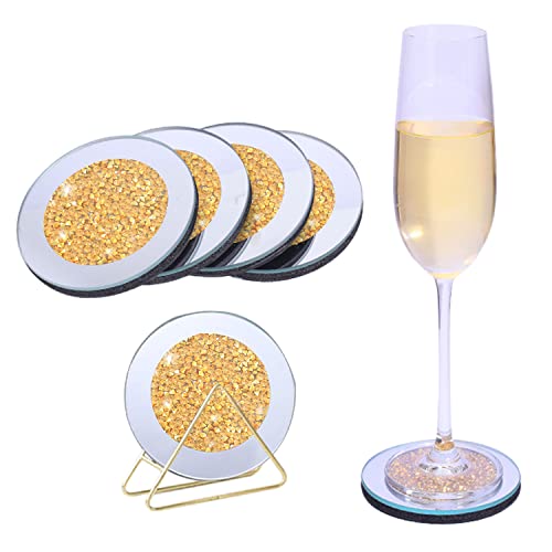 Get Your Set of 4 Round Gold Diamond Glass Coasters for Drinks - Excellent for Espresso Tables, Bars, and House Events!