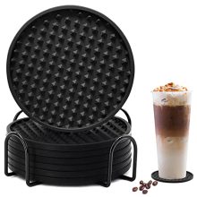 Set of 6 Black Silicone Coasters with Holder for All Tables