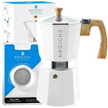 Milano Stovetop Espresso Maker Moka pot 9 espresso Cup - 15.2 oz, White and three Substitute Seals Gaskets Bundle Range prime espresso maker Moka Italian espresso espresso maker and alternative gaskets.