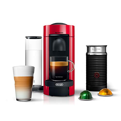 Nespresso VertuoPlus Coffee Machine with Milk Frother, Cherry Red.