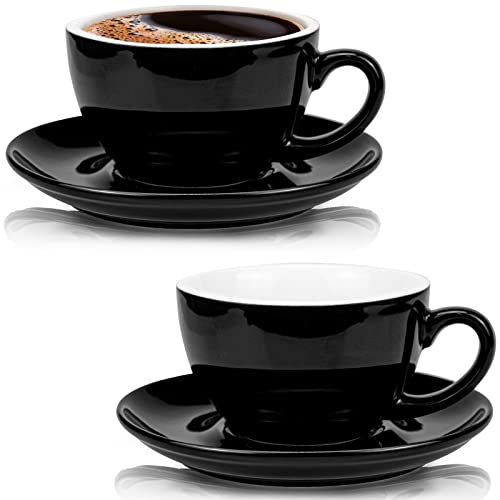 Upgrade Your Coffee Experience with 2 Pack Ceramic Glossy Black Cappuccino Cups and Saucers - Perfect for Coffee Shops and Baristas!