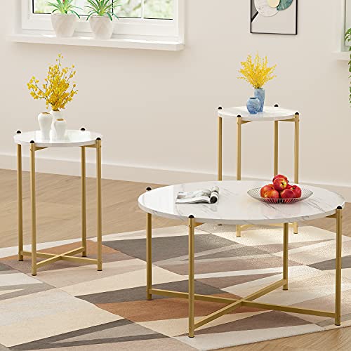 Coffee Table Set of three, Fashionable Round Coffee Table & 2pcs Finish Table Faux Marble Tabletop with Gold Cross Base Body, Fashionable Residing Room Table Units for Residence, Small House (Gold).