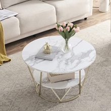 Round Gold Coffee Table with Faux White Marble Top