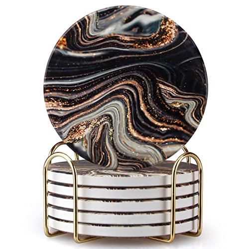 Round Black and Gold Marble Coasters