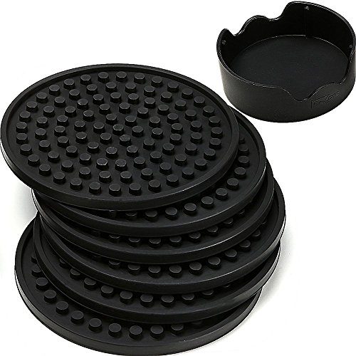 Coasters For Drinks - Set of 6 with Holder, Black - Shield Furniture From Water Marks or Harm - Deep Tray and Rim Catch Chilly Drink Sweat With out Spill, Giant 4.3 Inch Measurement Match All Cups. 
