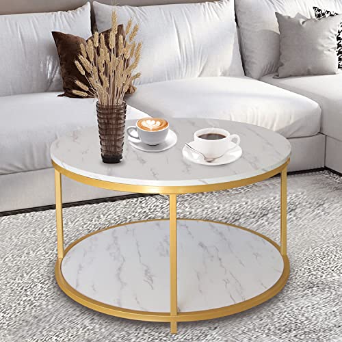 31.5 Inch Round Coffee Table - Gold Elegance with Storage