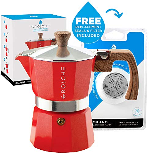 Red Moka Pot Espresso Maker (3 Cup/5 oz) with 3 Replacement Seals - Italian Stovetop Coffee Bundle