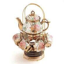 Gold Plated Red Rose Ceramic Tea Set - Vintage Tea Set for 6 People