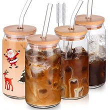 Glass Cups with Lids and Straws Set, 16oz Ingesting Glasses iced espresso cups with lids-YYC glass espresso cups with lids and straw,beer can glass with lids and straw 4pcs.