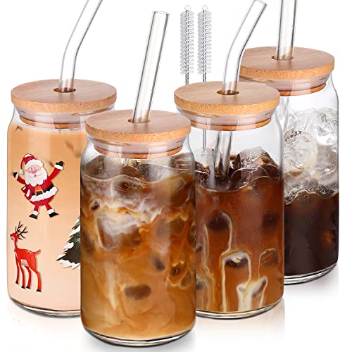Glass Cups with Lids and Straws Set, 16oz Ingesting Glasses iced espresso cups with lids-YYC glass espresso cups with lids and straw,beer can glass with lids and straw 4pcs.