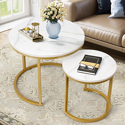 Small Round Coffee Table Set of 2 - Solid Wood Grain Table Top and Sturdy Metal Body - Nesting Tables for Small Spaces - Easy to Assemble - Ideal for Living Room Décor (White Marble).