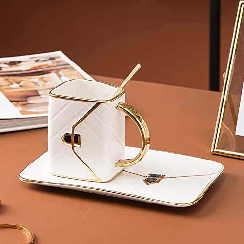 Purse-Formed Creative Mug With Saucer & Spoon, Gentle Luxurious Bag Form Ceramic Espresso Cup, Creative Mirror Mugs, Afternoon Tea Cup with Saucer + Teaspoon (White, 1PCS).