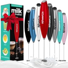Handheld Electric Milk Frother with Stainless Steel Stand - Battery Operated Whisk Foam Maker for Espresso, Latte, Cappuccino, and Hot Chocolate, Durable Mini Drink Mixer in Crimson Color.