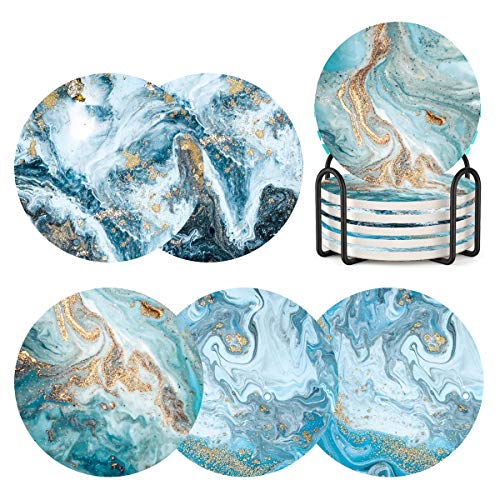 Marble Blue Ocean Coasters Set of 6 with Cork Base and Holder - Protect Your Tables in Style