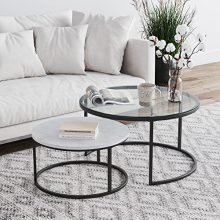 Nathan James Stella Round Modern Nesting Set of 2, Stacking Living Room Accent Tables with Wooden, Glass or Fake Marble and Powder Coated Steel Body, White/Gunmetal.