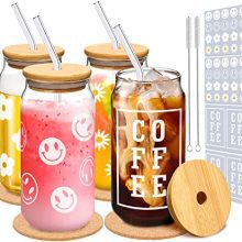 , 16oz Reusable Drinking Glasses for Iced Coffee, Beer, Boba, Juice, with DIY Labels and Coasters