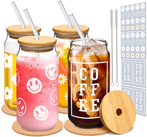 , 16oz Reusable Drinking Glasses for Iced Coffee, Beer, Boba, Juice, with DIY Labels and Coasters