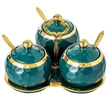 Buric Porcelain Condiment Jar Set - 3-Piece Spice Container with Spoon and Tray for Serving Sugar, Tea, Espresso, and Spices (Green).