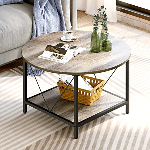 Enhance Your Living Room Decor with this Rustic Round Coffee Table - Featuring Storage Shelf and Sturdy Metal Legs, Perfect for Modern Farmhouse Style Homes in Grey Wash Finish!