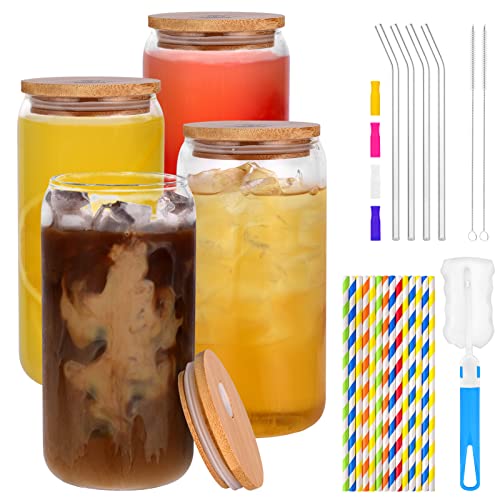 Coffee Glass Cups with Bamboo Lids and Glass Straw