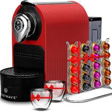 Espresso Machine & Espresso Maker Appropriate w/Nespresso Original Capsules (Crimson) - Programmable, One-Contact, Premium, Italian, 20 Bar Excessive Stress Pump with Pod Holder and Double-Wall Glasses.