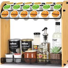 Lightweight and Durable Bamboo K Cup Holder with Iron Mesh Tray - Stylish and Practical Coffee Pod Organizer for Home and Office