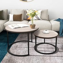 Set of Modern Round Nesting Coffee Tables featuring a natural wood finish and powder-coated metal frame. Includes a large and small table that nest together for space-saving convenience, ideal for living rooms, balconies, and backyards.