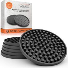 Modern Black Rubber Coasters with Non-Slip Bottom - Large 6 Pack for Moisture Absorption and Table Protection