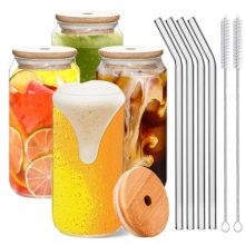 16 oz Beer Can Shaped Glass Cups with Lids and Straws - 2 Cleaning Brushes Included