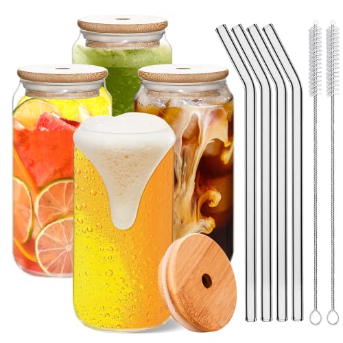 16 oz Beer Can Shaped Glass Cups with Lids and Straws - 2 Cleaning Brushes Included