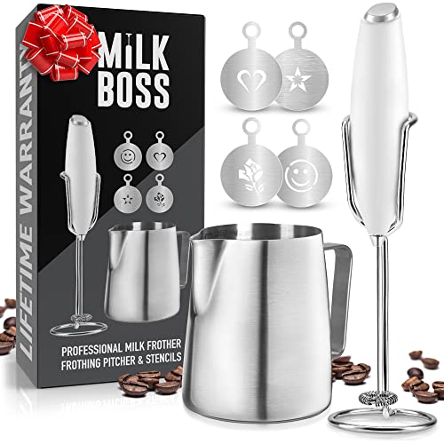- Handheld Foam Maker, Drink Mixer, Frother for Coffee - Perfect Coffee Gift Set with Stencils and Frothing Pitcher