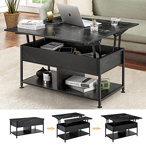Modern Lift Top Coffee Table with Hidden Storage - 3-in-1 Multi-functional Design for Living Room - Large Tabletop, Marble Pattern, and Open Shelf for Extra Storage.