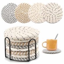 Coasters for Drinks Absorbent Woven Coaster Set with Holder Farmhouse Cute Fabric Cloth Cup Coasters for Espresso Desk Workplace Desk, Handmade Boho Decor Tabletop Safety, 8 Pack.