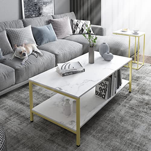 Elegant White Faux Marble Rectangle Coffee Table with Gold Metal Frame and Dual Tier Open Storage Shelf for Living Room.