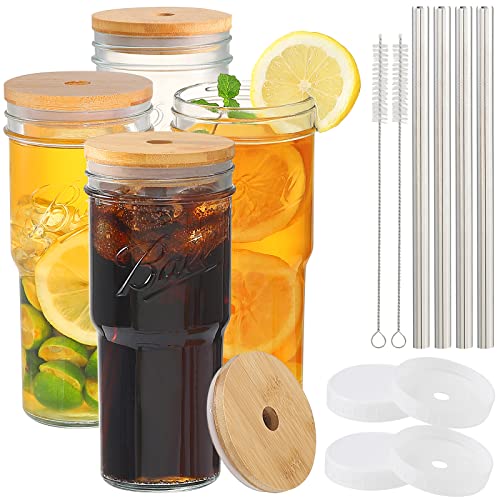 Ultimate Drinkware Set: 4 Pack 24oz Glass Mason Jar Cups with Bamboo Lids, Straws, Brushes, and Hermetic Seals - Perfect for Iced Coffee, Smoothies, Bubble Tea, and More!