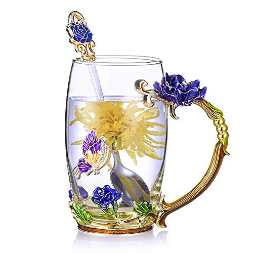 Enjoy Your Tea and Coffee in Style with Enamel Rose Flower Butterfly Glass Mugs and Spoon Set - Perfect Gift for Weddings, Birthdays, and Christmas.