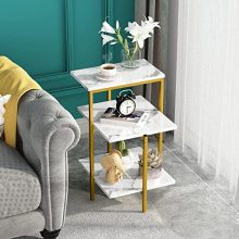 3-Tier Fake Marble Side Table, Sq. Finish Table with Cabinets, Small Espresso Accent Table, Trendy Sofaside Table Bedside Table for Residing Room, Bed room, Workplace, Small Areas, Metallic Body (White, Sq.).