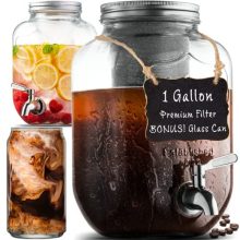  - 3rd Gen Mesh Filter, Stainless Steel Spigot, Large Glass Mason Jar Dispenser, Iced Coffee & Sun Tea Pitcher with Infuser