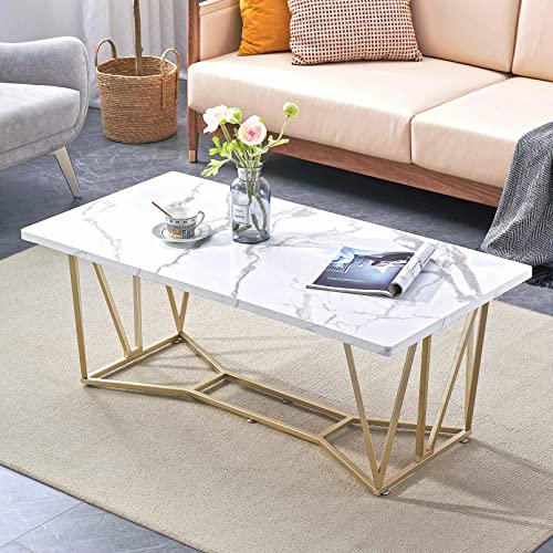 Geometric White Marble and Gold Coffee Table
