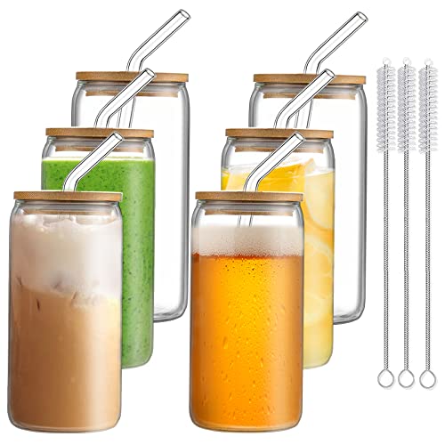 20oz Thick Glass Cups with Lids and Straws - Set of 6 for Iced Coffee, Beer, and More