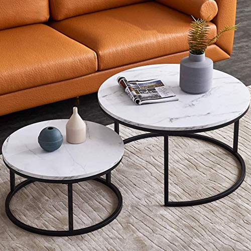 Modern Nesting Coffee Table Set of 2 - Mid Century Round Wood Accent Coffee Tables with Faux Marble Tabletop and Black Color Body - Perfect for Living Room, Office, Balcony - White - Great Gift for Thanksgiving and Christmas.