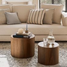 Nesting Coffee Table Set of 2, Walnut Round Wooden Coffee Tables Trendy Circle Table for Small House Residing Room Bed room Accent Finish Facet Table (Walnut-Round).