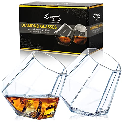 Dragon Glassware Clear Diamond Whiskey Glasses - Set of 2, 10 oz Capacity, Unique Barware for Wine and Bourbon, Natural Aeration.