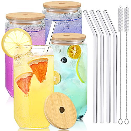 Set of 4 Can Shaped Drinking Glasses with Glass Straw and Bamboo Lids - Perfect for Whiskey, Cocktails, Iced Coffee, and More - Includes 2 Cleaning Brushes - Great Gift Idea.